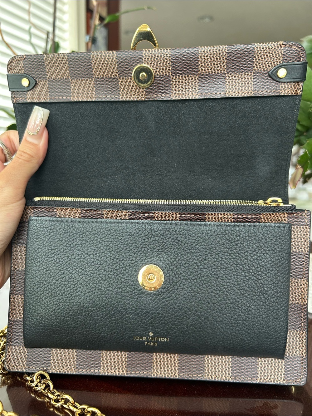 Louis Vuitton Damier Ebene Chain Wallet in Brown and Black - Picture 2 of 10